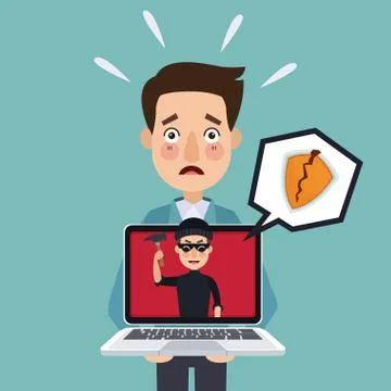 Blue background programmer man with laptop and thief man hacker attempting Stock-Illustration