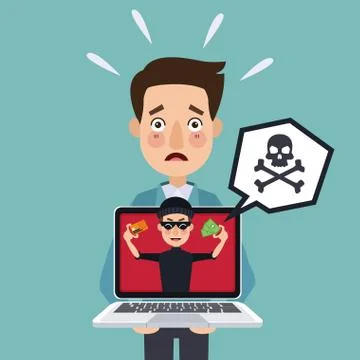 Blue background programmer man with laptop and thief man hacker stealing against Stock-Illustration