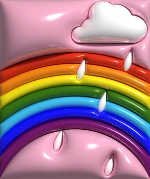 Blue background with rainbow and clouds, 3D rendering illustration Stockillustratie