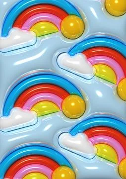 Blue background with rainbow and clouds, 3D rendering illustration Stockillustratie