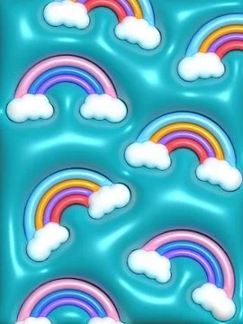 Blue background with rainbow and clouds, 3D rendering illustration Stock Photos