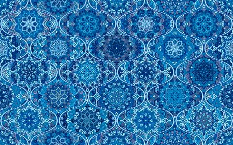 Blue Background Round Tile Mandala Ogee Stock Illustration