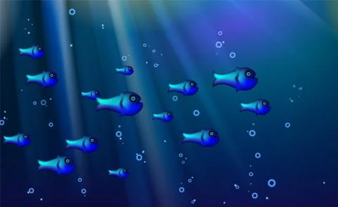 Blue background school of fish. Cartoon funny cant marine life. Stock Illustration