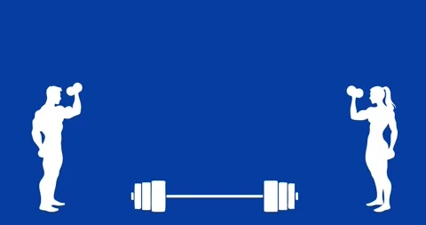 Blue background with silhouette animation of a man and a woman lifting barbells Stock Footage 340516189