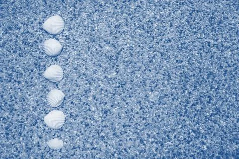Blue background of small pebbles with sea shells. Summer concept. Flat lay Stock Photos