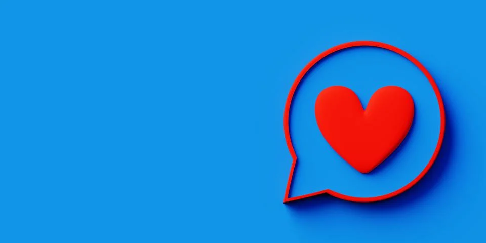 Blue background with a speech bubble with a red heart to express emotion of l Stock Illustration