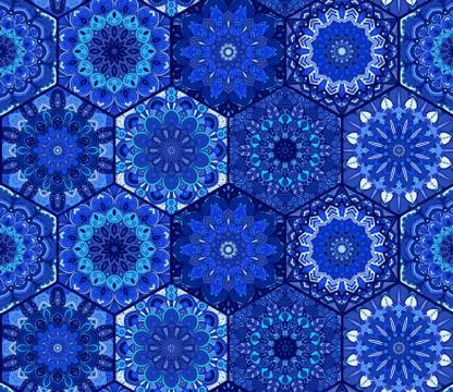 Blue Background Tiles Mandala Pattern Stock Illustration