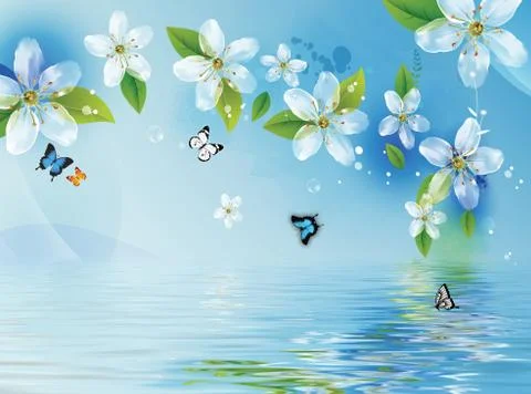 Blue background, water, white translucent flowers and butterflies Stock Illustration