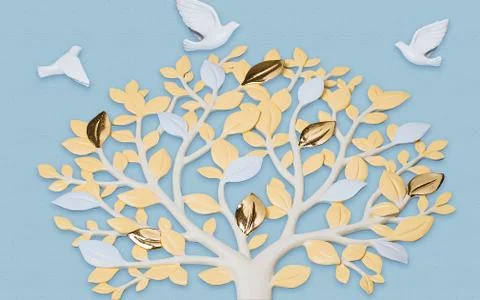 Blue background, white ceramic tree with yellow and gold leaves, white doves Stock Illustration