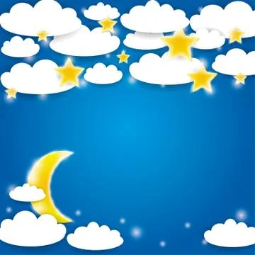 Blue background with white clouds, stars and moon rising. Stock Illustration