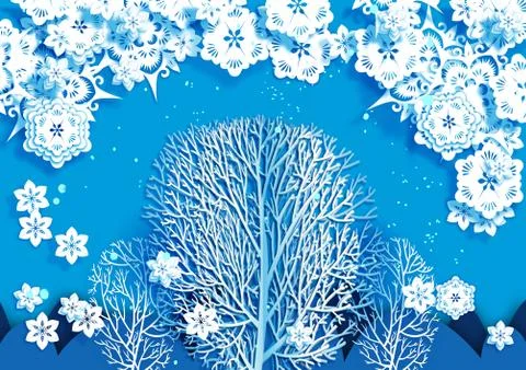 Blue background, white outline of a tree and white abstract flowers Illustrazione stock