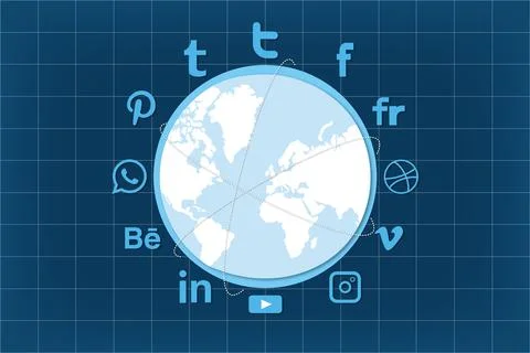 Blue background with world map and social networks icons Stock Illustration