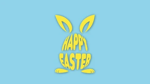 On a blue background, a yellow Happy Easter text pops out in the shape of an egg Stock Footage 266295362