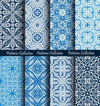 Blue Backgrounds Floral Forged Patterns Set Stock Illustration