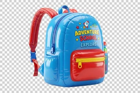 Blue backpack with 'Adventure School Explore' design for kids on transparen.. Stock Illustration