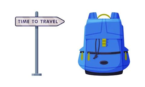Blue Backpack and Signpost with Direction as Travel and Tourism Symbol Vector Illustrazione stock