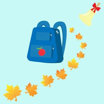 Blue backpack on a blue background with autumn maple leaves and a bell. Back to Illustrazione stock
