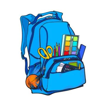 Blue backpack packed with school items, supplies, stationary objects Stock Illustration