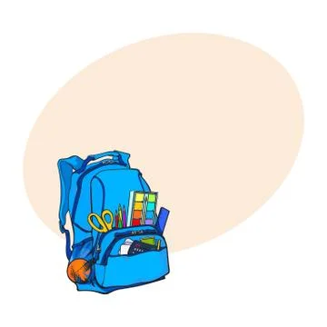 Blue backpack packed with school items, supplies, stationary objects Stock Illustration