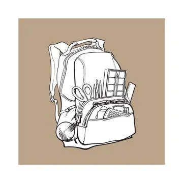 Blue backpack packed with school items, supplies, stationary objects Stock Illustration