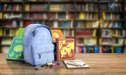 Blue backpack with school supplies 3d render in library イラスト素材