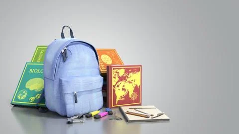 Blue backpack with school supplies 3d render on grey Stock Illustration