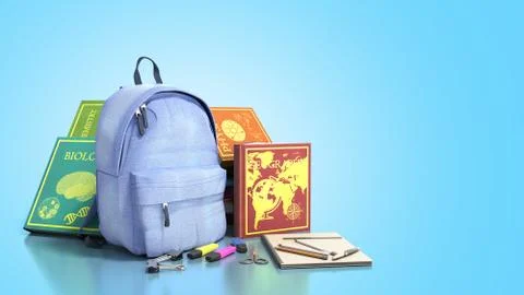 Blue backpack with school supplies 3d render on blue Stock Illustration