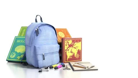 Blue backpack with school supplies 3d render on white Stock Illustration