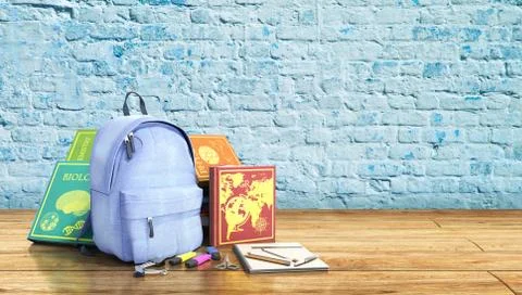 Blue backpack with school supplies 3d render on wood Stock Illustration