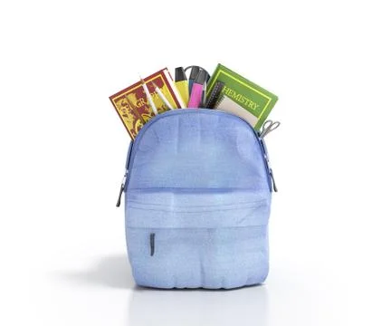 Blue backpack with school supplies 3d render on white Stock Illustration