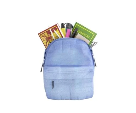 Blue backpack with school supplies 3d render on white no shadow Stock Illustration