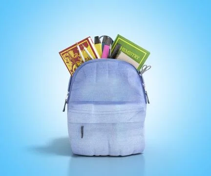 Blue backpack with school supplies 3d render on blue Stock Illustration