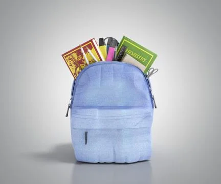 Blue backpack with school supplies 3d render on grey Stock Illustration