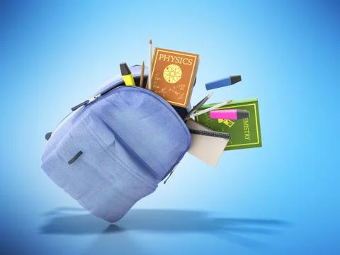 Blue backpack with school supplies 3d render on blue Stock Illustration