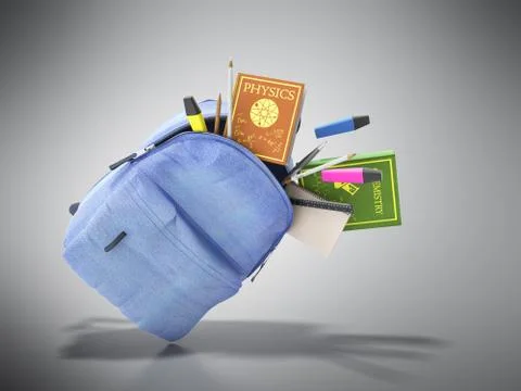 Blue backpack with school supplies 3d render on grey Stock Illustration