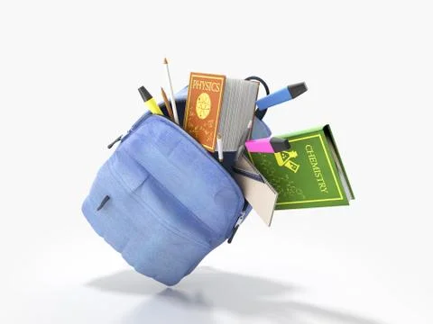Blue backpack with school supplies 3d render on white Stock Illustration