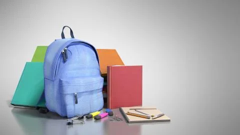 Blue backpack with school supplies 3d render on grey イラスト素材