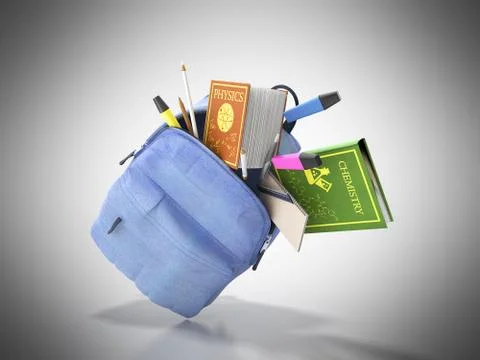 Blue backpack with school supplies 3d render on grey イラスト素材