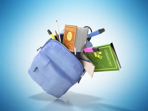 Blue backpack with school supplies 3d render on blue Stock Illustration