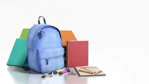 Blue backpack with school supplies 3d render on white Stock Illustration