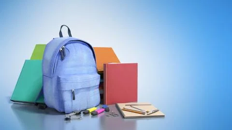 Blue backpack with school supplies 3d render on blue Stock Illustration