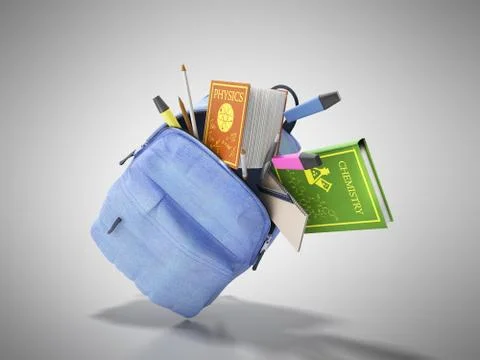 Blue backpack with school supplies 3d render on grey イラスト素材