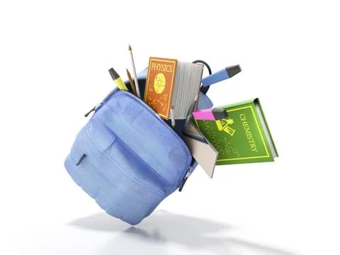 Blue backpack with school supplies 3d render on white イラスト素材