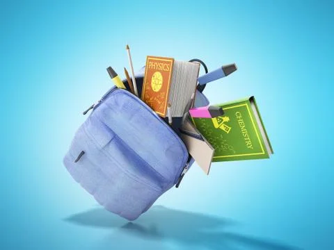 Blue backpack with school supplies 3d render on blue Illustrazione stock