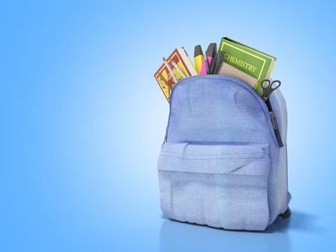 Blue backpack with school supplies 3d render on blue Stock Illustration