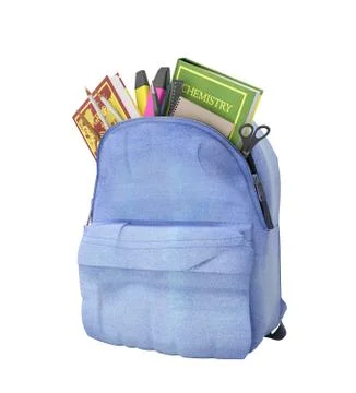 Blue backpack with school supplies 3d render on white no shadow Stock Illustration