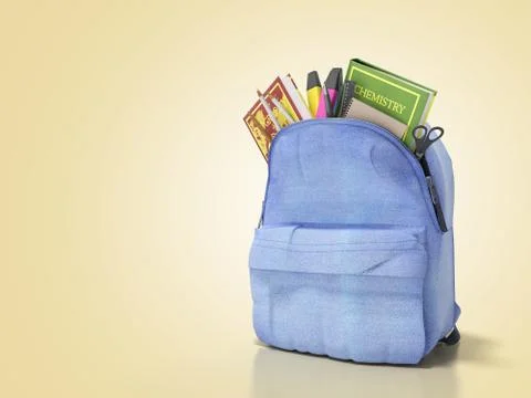 Blue backpack with school supplies 3d render on light Stock Illustration