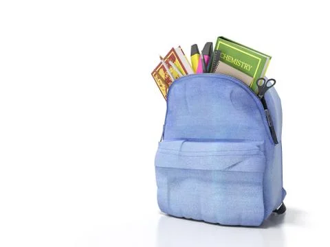 Blue backpack with school supplies 3d render on white Stock Illustration