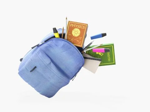 Blue backpack with school supplies 3d render on white no shadow Stock Illustration