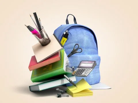 Blue backpack with school supplies 3d render on color gradient Stock Illustration